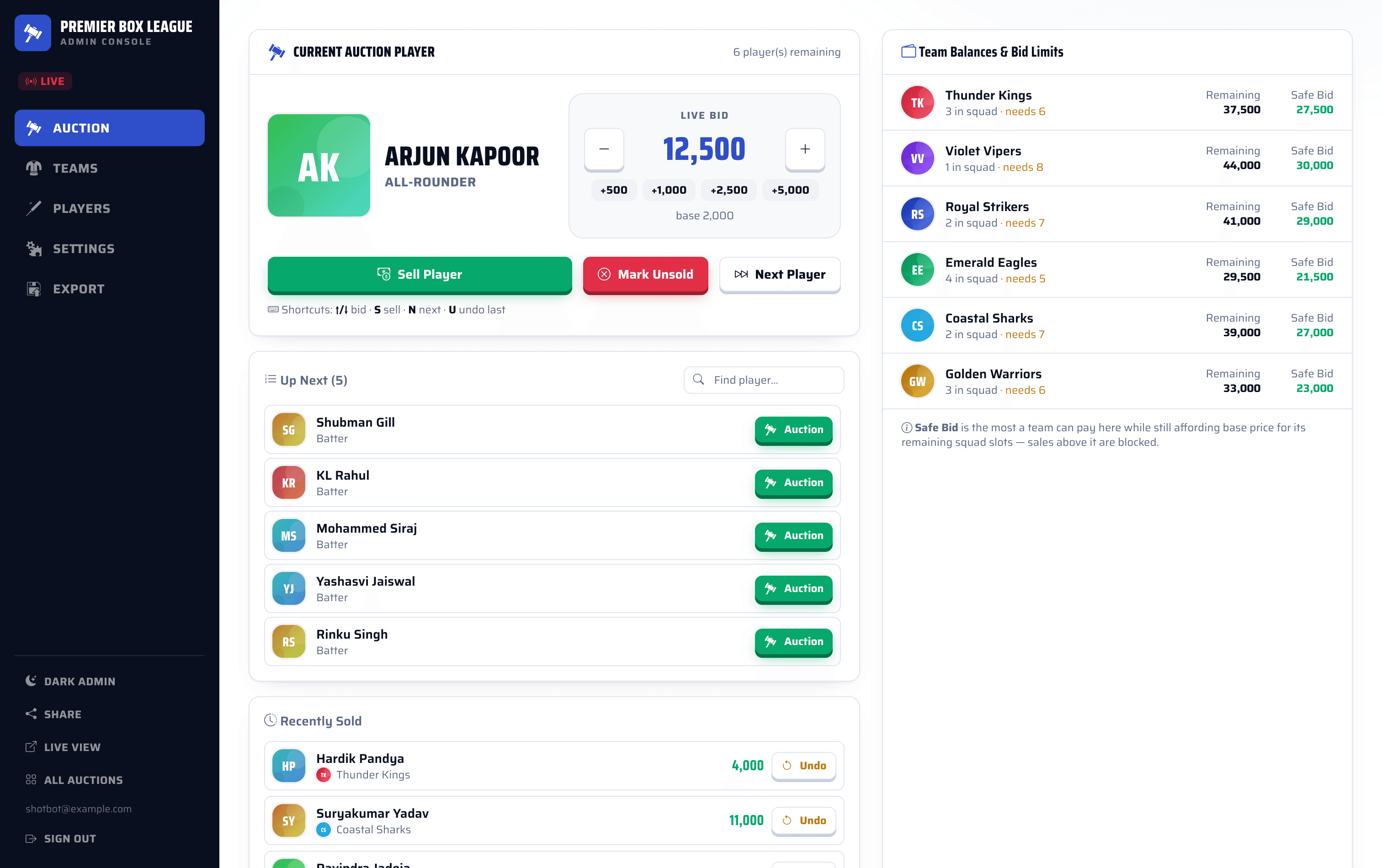 The auction operator console with live bid controls and team balances